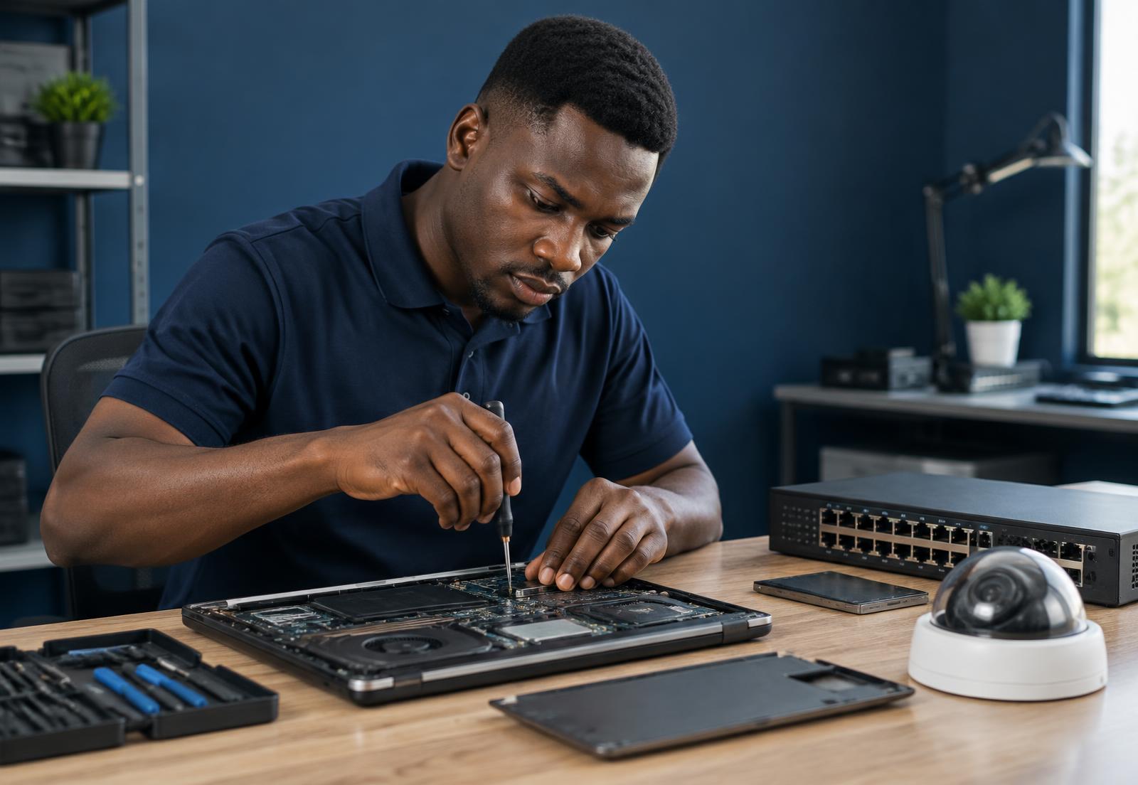 TSH technician repairing a laptop at a service bench